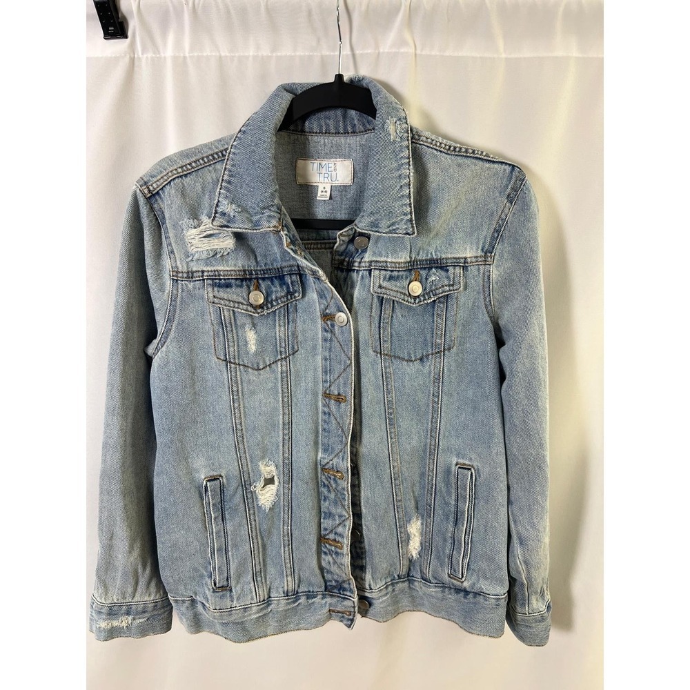 Time and Tru Denim Jacket Womens S Light Wash Excellent Distressed Trucker - Picture 3 of 16